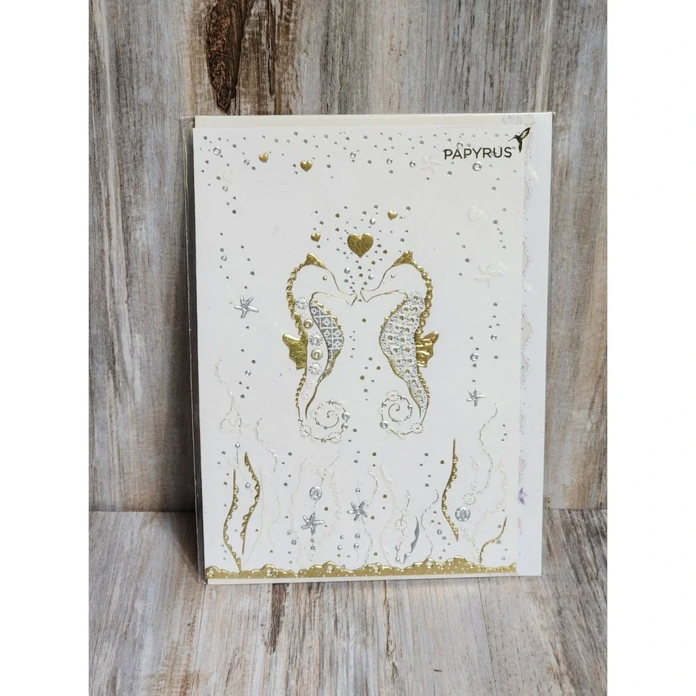 Papyrus RARE Turnowsky Foiled Gold Trim Layered Seahorse Heart Romantic Card‎